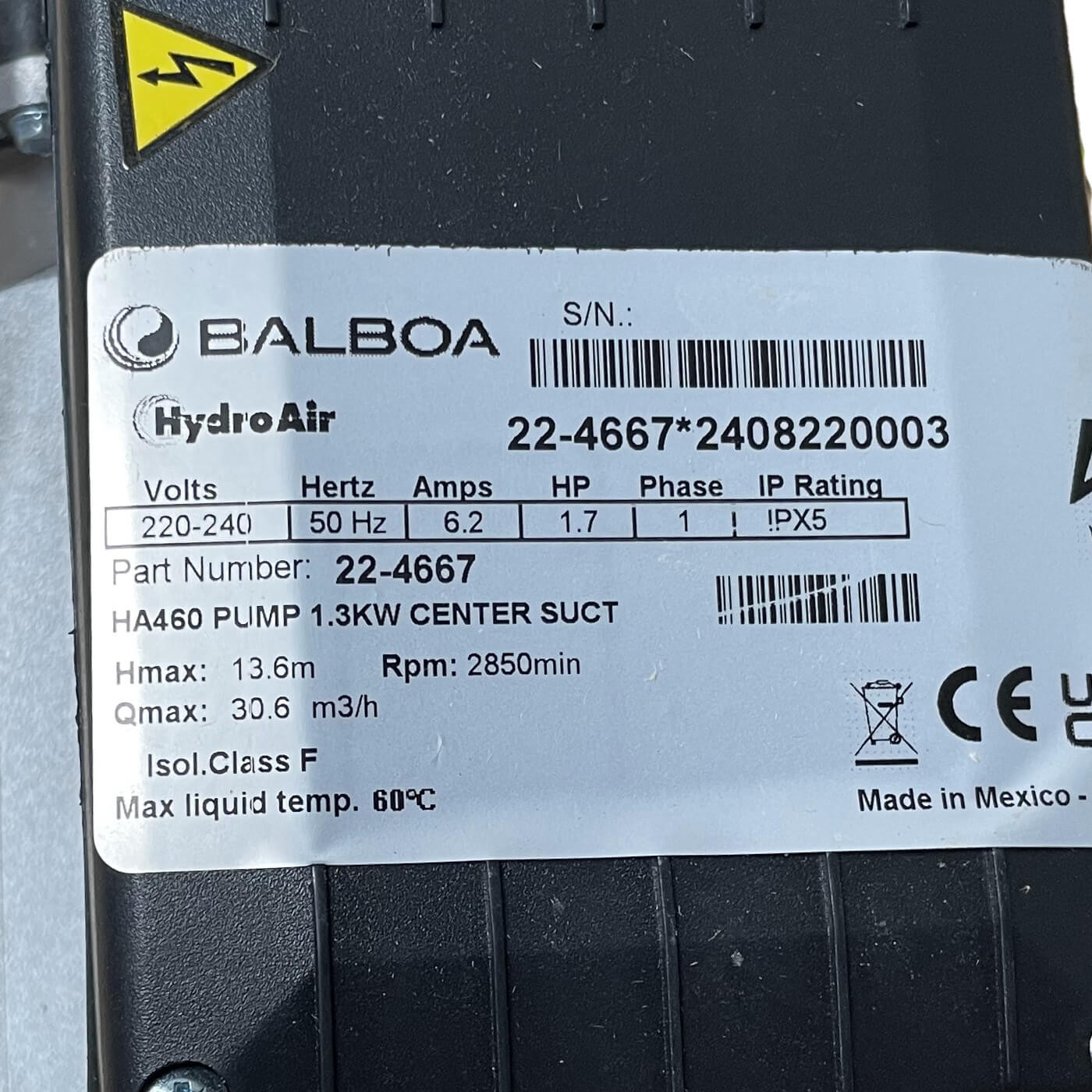 Pompe de massage HA460 1.5HP mono-vitesse Electrique Centrée