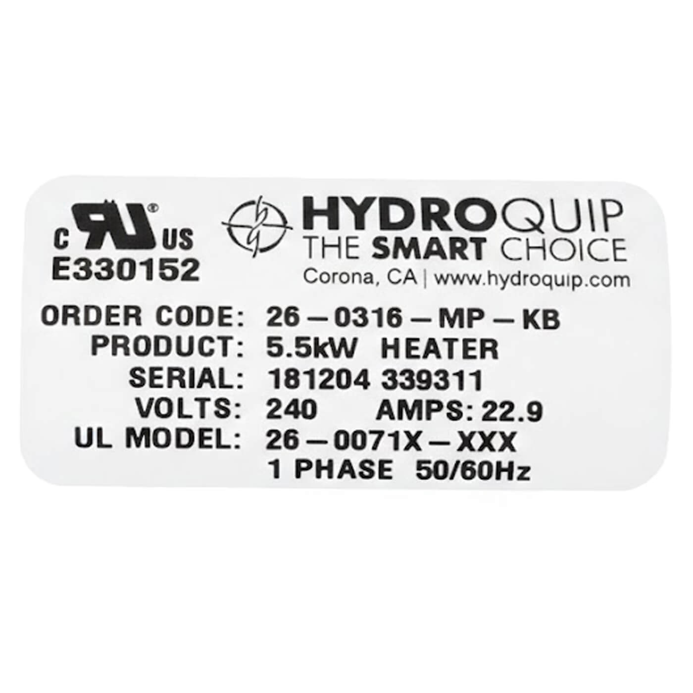 Réchauffeur Titane 5,5Kw, flux continue, 26-0316-MP-KB