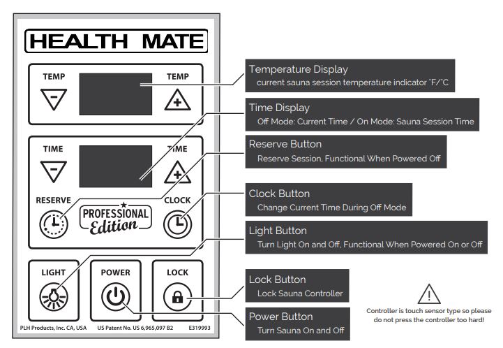 Health Mate sauna control keypad features